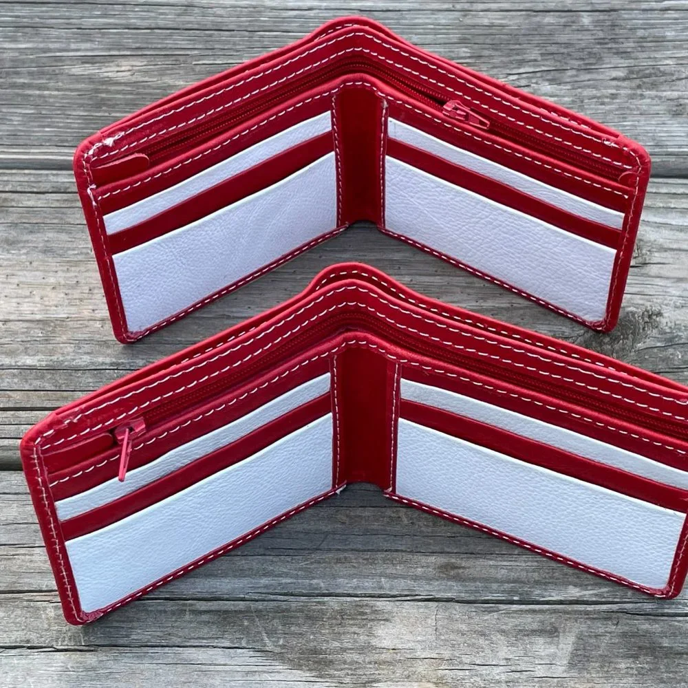 Cardholder Men Wallet RedWhite Leather Handmade Lot of 2 - Picture 1 of 14